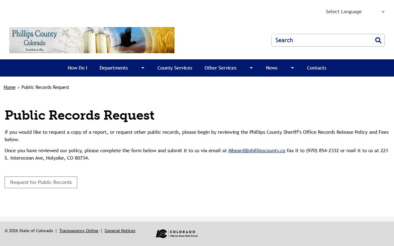 Phillips County Sheriff's Office public-records request page