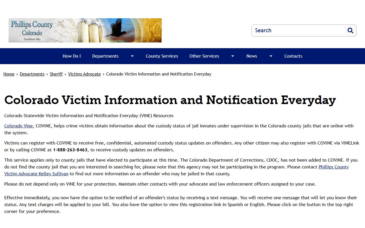 Phillips County COVINE and VINELink victim notification page